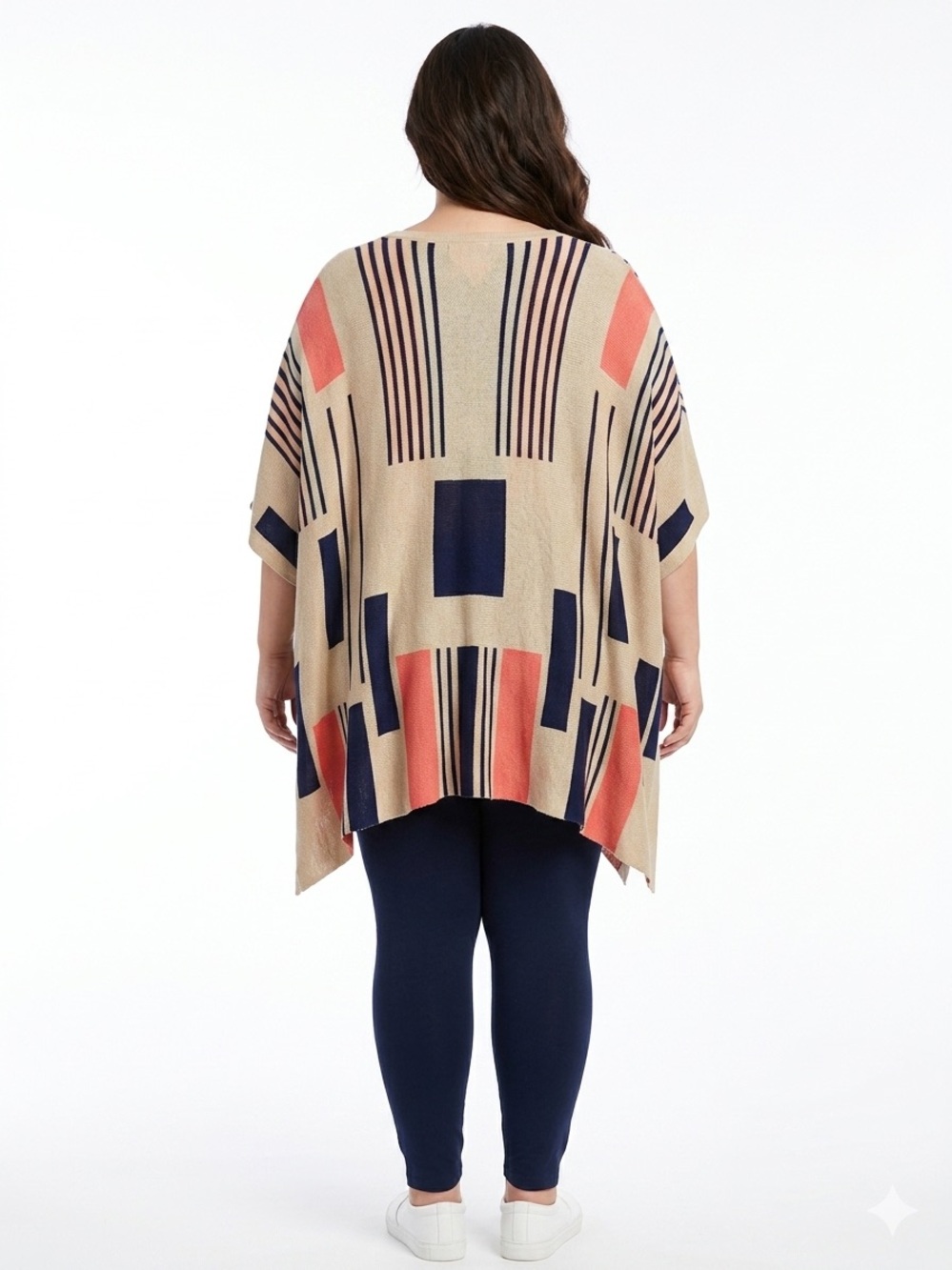 Umgee Tan Open Poncho Cardigan with Navy and Coral Geometric Blocks